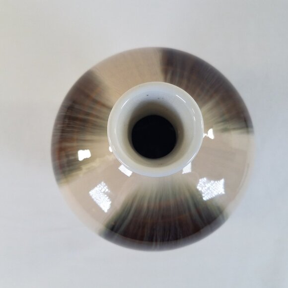 Chinese Transmutation Porcelain Vase 7″ Blue Beige Brown Flambé Style Drip Glaze - Picture 7 of 13